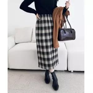 ONM 뒤트임 여성 기모 롱스커트 H라인 겨울 체크 치