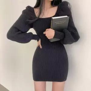 ONM 스퀘어넥 퍼프소매 니트 원피스 슬림핏 미니 드레