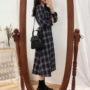 ONM 브이넥 체크 롱원피스 허리끈 데이트룩 간절기 여