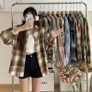 ONM 복고풍 긴팔 체크 셔츠 여성 간절기 봄 가을 남