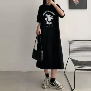 ONM 오버핏 캐주얼 캐릭터 롱 반팔 원피스