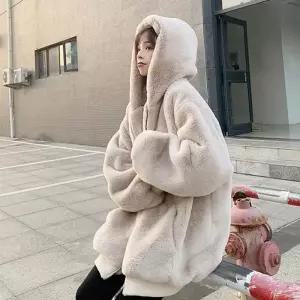 ONM 여성 점퍼 오버핏 페이크 후리스 밍크퍼 후드 집