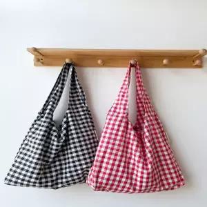 체크 무늬 천 가방 가벼운 데일리 캔버스 체크 쇼퍼 백 패브릭 빅백 여성 바구니 에코백