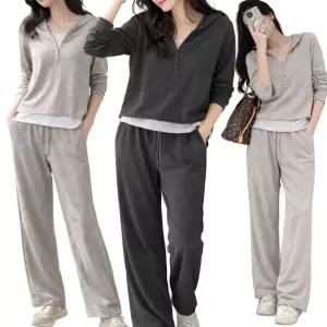여성 후드 레이어드 트레이닝 상하세트 와이드팬츠 홈웨어 간절기 투피스
