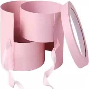 BBJ 랩 핑크 플라워 원형 상자 꽃꽂이 뚜껑 이중 레이어 회전 서랍 꽃다발 종이 선물 포장 1세트 7.5 D x