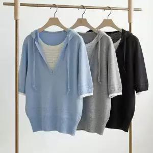 봉봉 비스코스100 배색 루즈핏 미시 니트 간절기 반팔 후드넥 여행 데일리 봄 20대