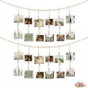 클립이 달린 2팩 걸이 사진 디스플레이 벽 장식 2Pcs 보호 나무 구슬 화환 그림 배너 발렌타인데이 카드