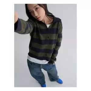 (35625ASMZH) [에잇세컨즈] 스트라이프 칼라 카디건 카키