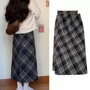 따뜻한다크체크 여성 A라인 밴딩 겨울 데일리 롱스커트