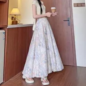 여성 치마 롱 캐주얼 데일리 쉬폰 꽃봉오리 중기장 레이스 A라인 솔리드 밴딩 SPO마켓1