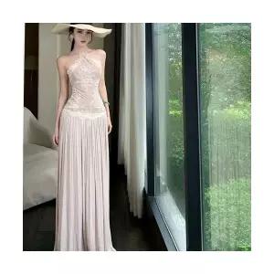 여자 데일리 쉬폰 스커트 윈드 레이스 홀터넥 나시 여름 슬립 드레스 롱 SPO마켓2