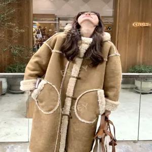 여성롱무스탕 후드롱코트 떡볶이 카키 모피 두꺼운