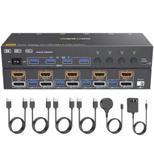 HDMI DP KVM 스위치 4 컴퓨터 2 모니터 8K@60Hz/4K@144Hz 듀얼 포트 4개의 USB3.0 케이블 및 전원 어댑터