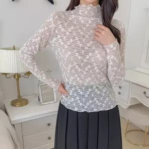 여성 스판 시스루 퍼핀 반목 레이스 블라우스 티셔츠 레이어드 이너티