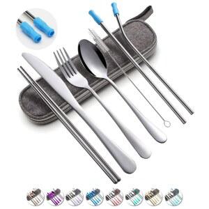 케이스 재사용 가능한 휴대용 식기 세트 스테인리스 스틸 8개, 디너 나이프 포크 숟가락 젓가락 빨대(실버) 포함