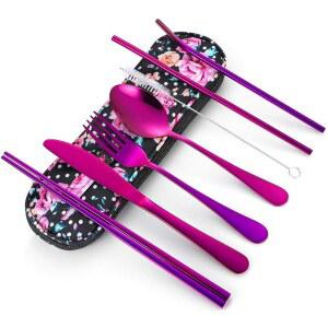 여행 도구, 재사용 가능한 은식기 세트, 도시락용 방수 휴대용 케이스 포함 식기 세트 직장 캠핑 피크닉 (보라색)