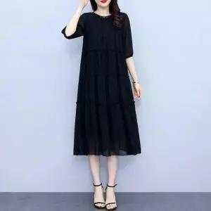 반팔원피스 여성 여름 루즈핏 프릴넥 포인트 쉬폰 원피스 7부소매