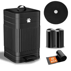 개똥 쓰레기통 외부 뚜껑이 있는 5L/1.3Gal 금속 발 페달 40개의 가방이 반려동물 부드러운 변기통 검은색