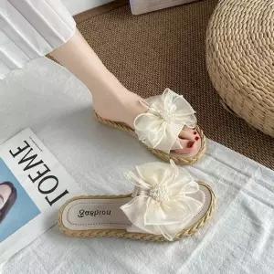진주 리본 슬리퍼 여성용 여름 뮬 플랫슈즈 3컬러 여자슬리퍼 털슬리퍼 실내슬리퍼