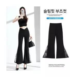여자 다리가 긴 부츠컷 바지 9부 블랙 머메이드 레이스 플레어 여름 얇은 하이웨스트 슬림핏 캐주얼 와이드