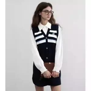 M1 투피스 여성 니트 원피스 스커트 롱 봄 롱원피스 이른 방학 칼라 배색 슬림핏 JEN1