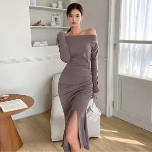 M1 여성용 원피스 치마 니트 앞트임 슬림핏 보트넥 JEN1