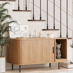 고양이 스크래치 패드가 있는 고양이 쓰레기통 인클로저, 슬라이딩 도어, 37 4인치 쓰레기통 가구 쓰레기통, 모던 실내 고양이 집, TV 스탠드, 거실용 사이드 엔드 테이블, 내추럴