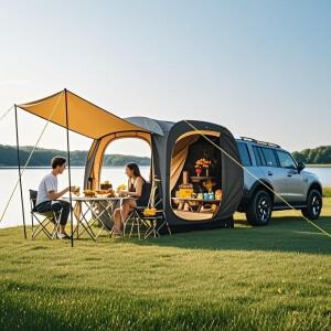 가족용 4인용 자동차 텐트: SUV 및 트레일러용 방수 팝업 뒷문 텐트 |   조정 가능한 캐노피 및 간편한 보