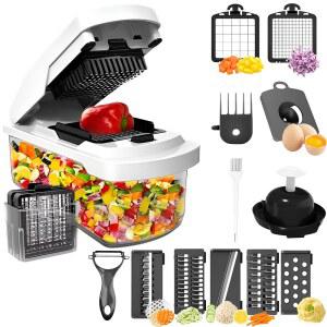 용기 포함 호미지아 야채 초퍼 - 15-in-1 만돌린 슬라이서, 푸드 다이서, 양파 커터 및 치즈 강판 보관용 수동 초퍼, 스테인리스 스틸 블레이드