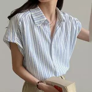[신상오픈런]|CCH40AD|여성 클래식 스트라이프 핀턱 하늘색 반팔 셔츠 블라우스
