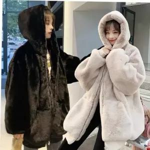 여자바람막이 여성 오버핏 따듯한 페이크 밍크퍼 후드 집업 점퍼