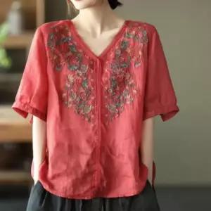 [라일리여성의류] Rly 여성 여름 브이넥 플라워 자수 퍼프 반팔 블라우