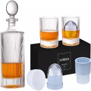 선물 상자가 포함된 위스키 디캔터 세트 - 크리스탈 버번 잔 2개와 빅 스볼 몰드 2개 스카치 칵테일 럼