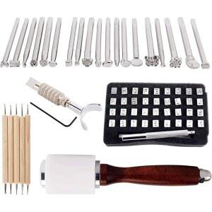 KLLsm디자인 가죽 공예 작업복 세트 포함 패턴 알파벳 디지털 스탬프 펀치, 도팅 도구, 회전 나이프, 망치, 안장 제작용 롤러, DIY 조각 키트