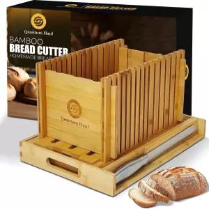고급 스테인리스 스틸 나이프가 있는 대나무 빵 슬라이서 크럼 트레이 브러시 및 파우치가 조절 가능한