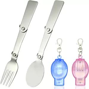 2PCS 접이식 포크 및 스푼 세트 케이스 휴대용 식기 여행 캠핑 피크닉용