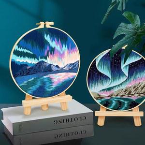 초보자를 위한 오로라 보레알리스 자수 스타터 키트, 성인 스탬프 크로스 스티치 핸드 바늘 포인트 용품 세트 2개, 후프 2개(첨부 비디오 튜토리얼)