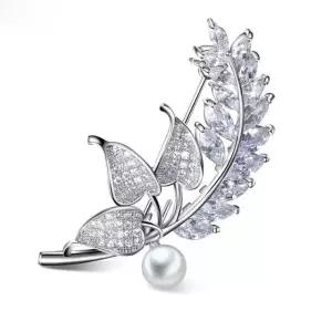 신상 밀 귀리 잎사귀 진주 지르코니아 실버 옷핀 브로치