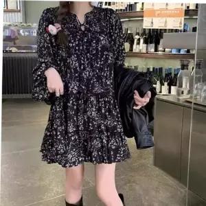 출근용원피스 여성 브이넥 플라워 긴팔 미니원피스 블랙 하객룩 1P