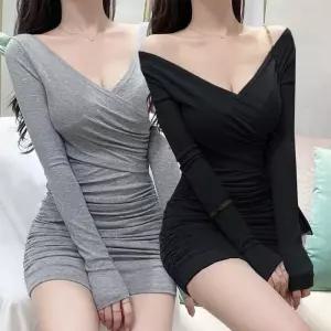 [라일리여성의류] Rly 브이넥 오프숄더 슬림 미니 원피스 긴팔 치마