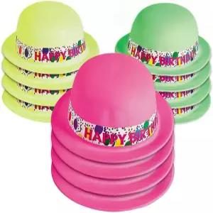 네온 해피 버스데이 더비 모자 - 12가지 밝은 색상의 파티 용품