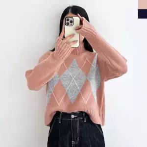 여성 도톰 포근 아가일 반목니트 니트 티셔츠