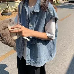 여성 데님 정석스타일 오버 박스핏 스타일리쉬 청 조끼 1152635