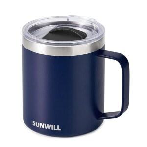 뚜껑이 있는 썬윌 단열 커피 머그컵, 손잡이가 있는 여행용 텀블러, 캠핑용 14온스 스테인리스 스틸 컵, 사무실, 가정용, 파우더 코팅 네이비 블루