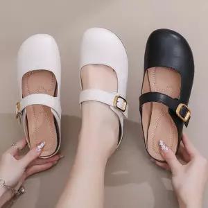 굽 하프슬리퍼 샌들 MN 스트랩 없는 리얼 아웃도어 플랫 가죽 여자 여름 빈티지 OOTD2