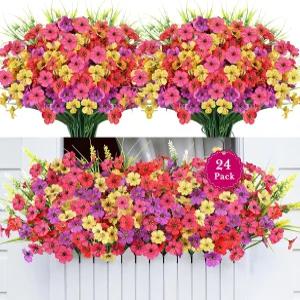 앰버펀 24 야외용 현실적인 꽃다발 퇴색 없는 인조 실크 꽃 및 인공 식물 라벤더 정원 파티오 현관 장식