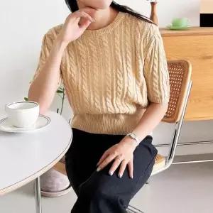 여성 국산 퍼프 꽈배기 간절기 반팔니트 티셔츠