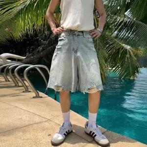 남자 바지 빈티지 캐주얼 여름 구제 깔끔한 와이드 찢청 워싱 청반바지 반바지 5부 C01Z22 인기2