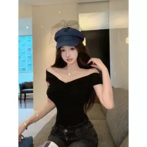 엘럽 여성용 하계 티셔츠 일자 롱루즈핏티 숄더 상의 레이스 슬림핏 브이넥 오프숄더 원템2