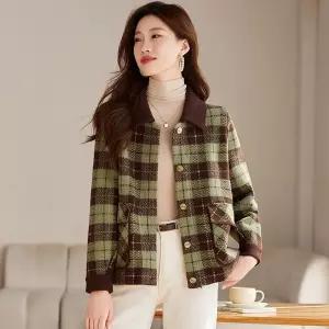 스트레인지 여성용 모직 추동 봄 쇼트 코트 상의 체크 데일리룩 KUK3